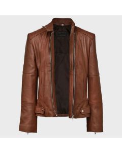 BUTTON CLOSURE COLLAR LEATHER JACKET FOR WOMEN
